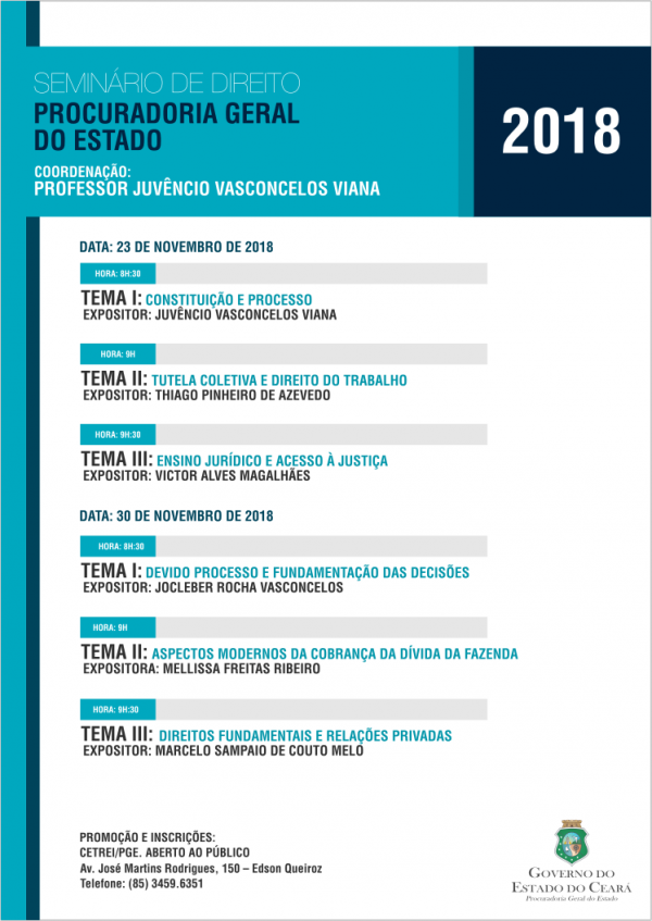 Profissionais do meio jurídico e estudantes de direito poderão participar gratuitamente do Seminário de Direito, a ser realizado nos dias 23 e 30 de novembro. 